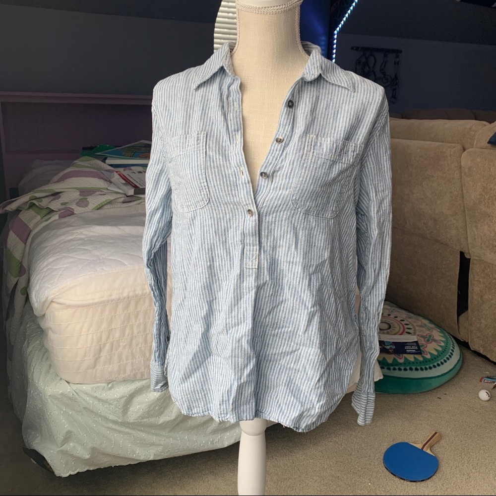 blue and white striped 3/4 button down